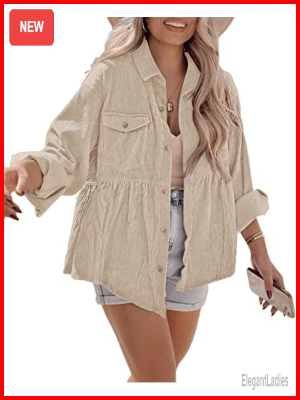 Womens Corduroy Button Down Tunic Shirt Loose Fit Babydoll Boyfriend Jacket